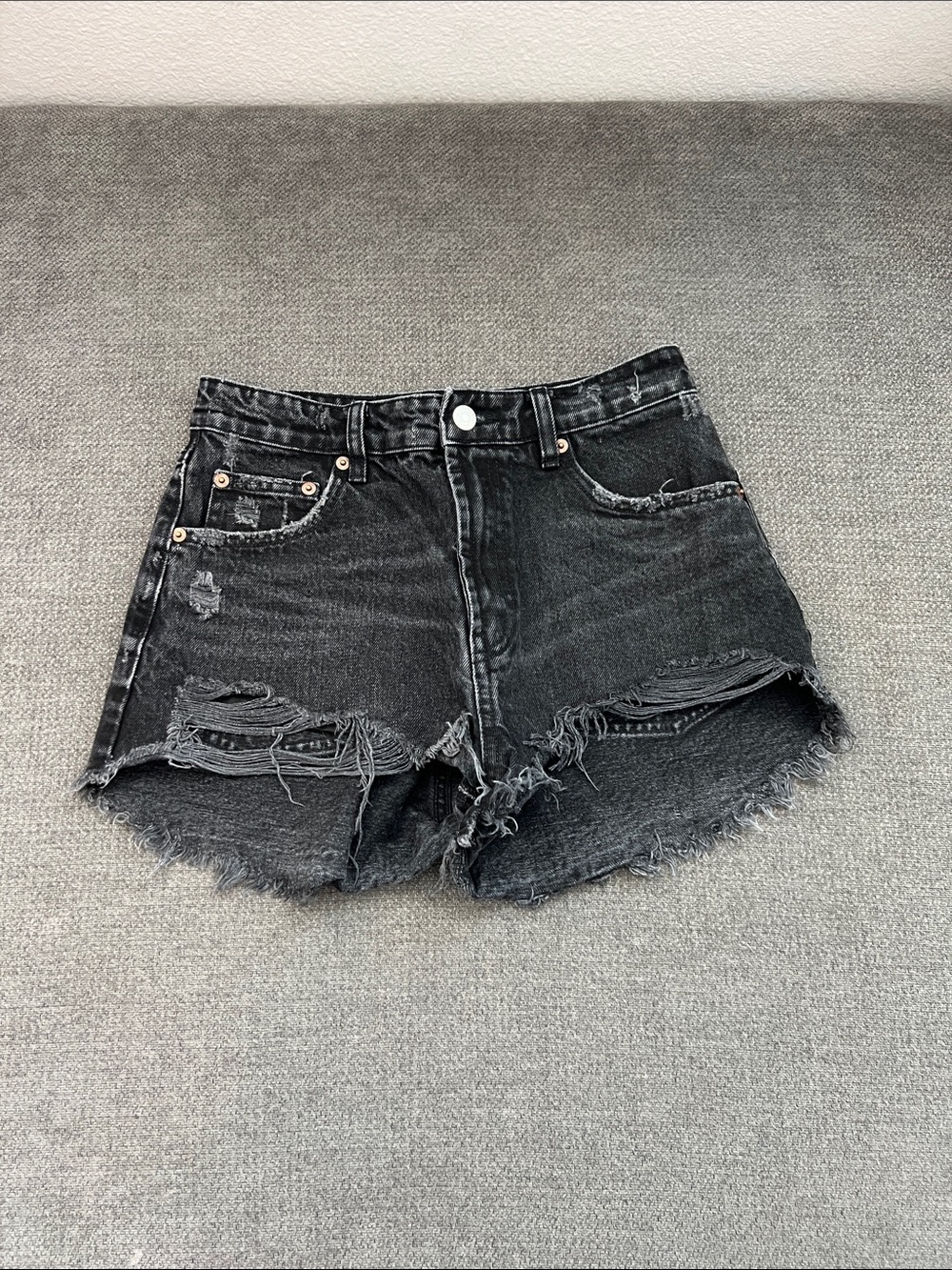 Black Distressed High-Waist Denim Shorts